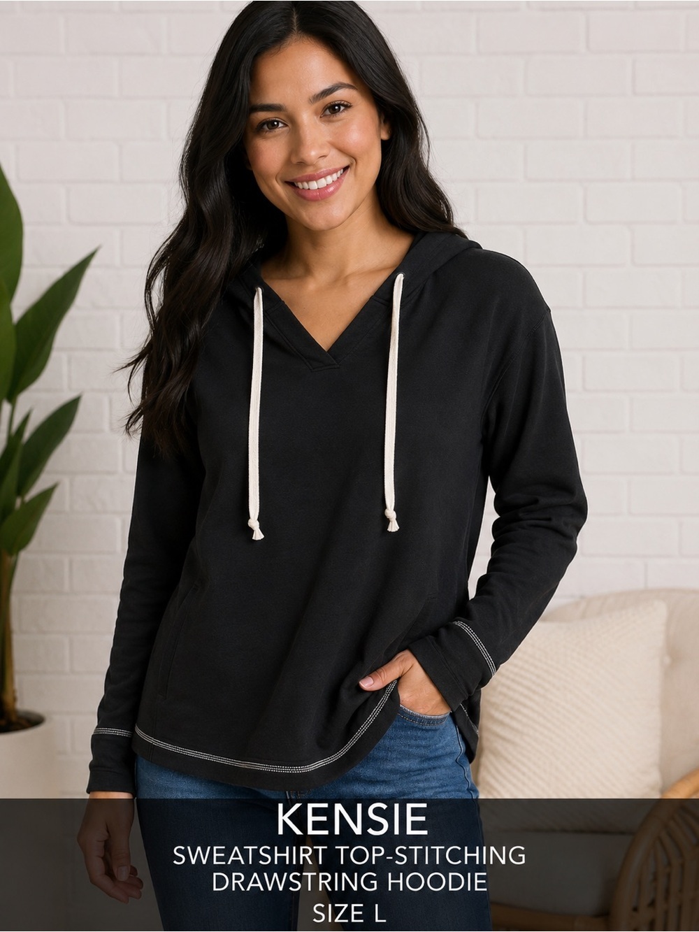 KENSIE Sweatshirt Top-Stitching comfort casual  Drawstring Hoodie Black, Size: L